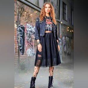 Black Geometric Eyelet Lace Midi Skirt - Whimsigoth Grunge Style SZ 10